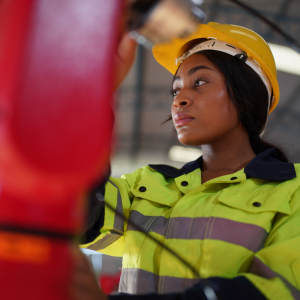 A person wearing a yellow hard hat and a high-visibility jacket operates machinery in an industrial setting, ensuring fire safety protocols are followed. The background shows the interior of a large building with metal beams and lighting fixtures.