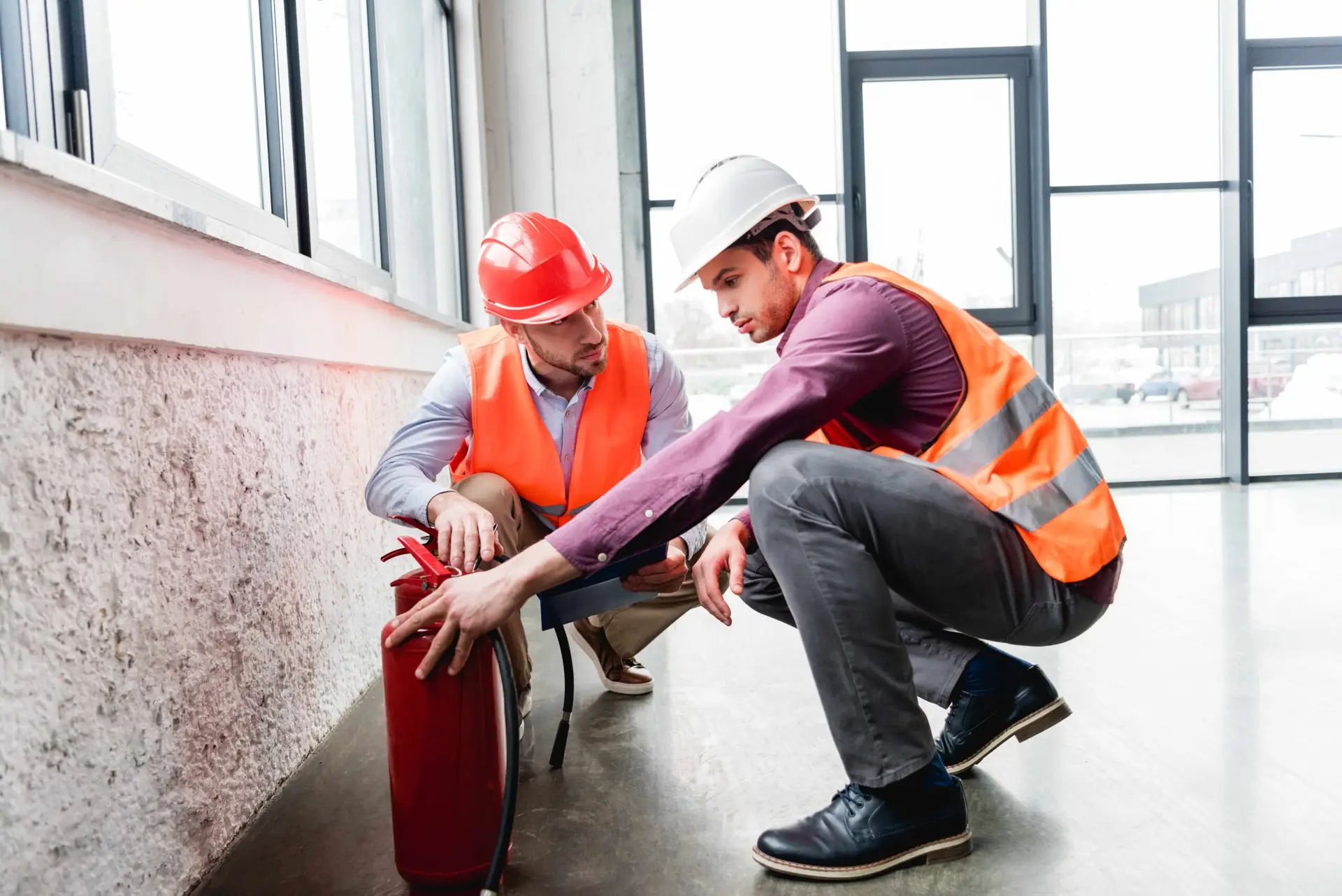 Two workers wearing safety helmets and high‑visibility vests kneeling indoors while inspecting a fire extinguisher near a large window.