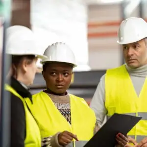 Three workers wearing high‑visibility vests and hard hats reviewing safety information together on a clipboard in an industrial workplace.