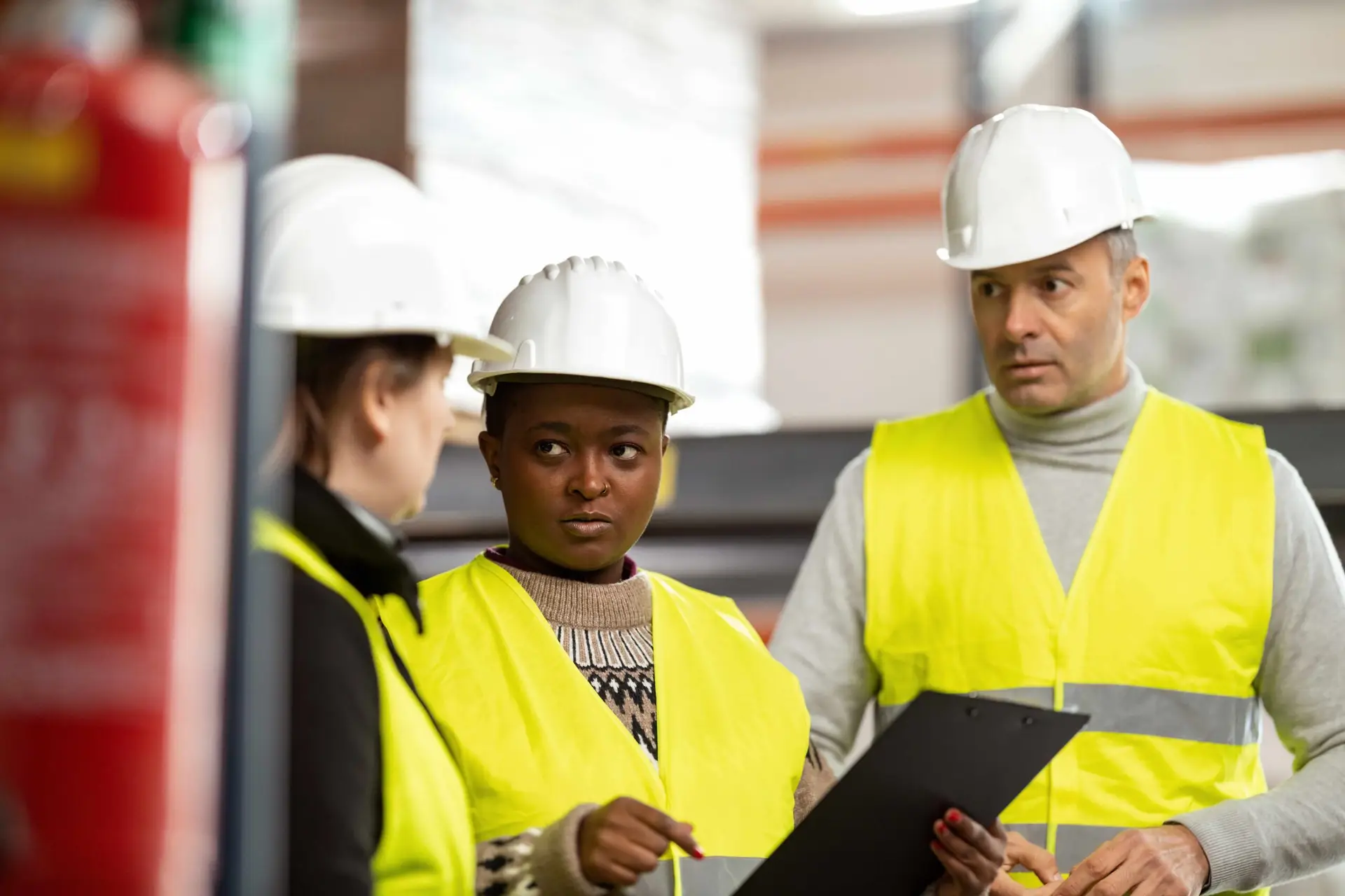 Three workers wearing high‑visibility vests and hard hats reviewing safety information together on a clipboard in an industrial workplace.