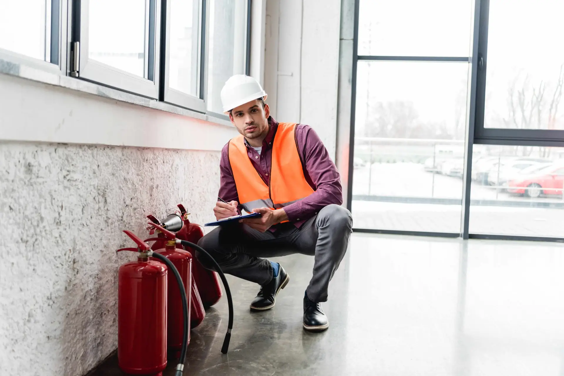 A safety inspector wearing a hard hat and high‑visibility vest kneeling to examine and record details of fire extinguishers using a clipboard inside a bright commercial building.