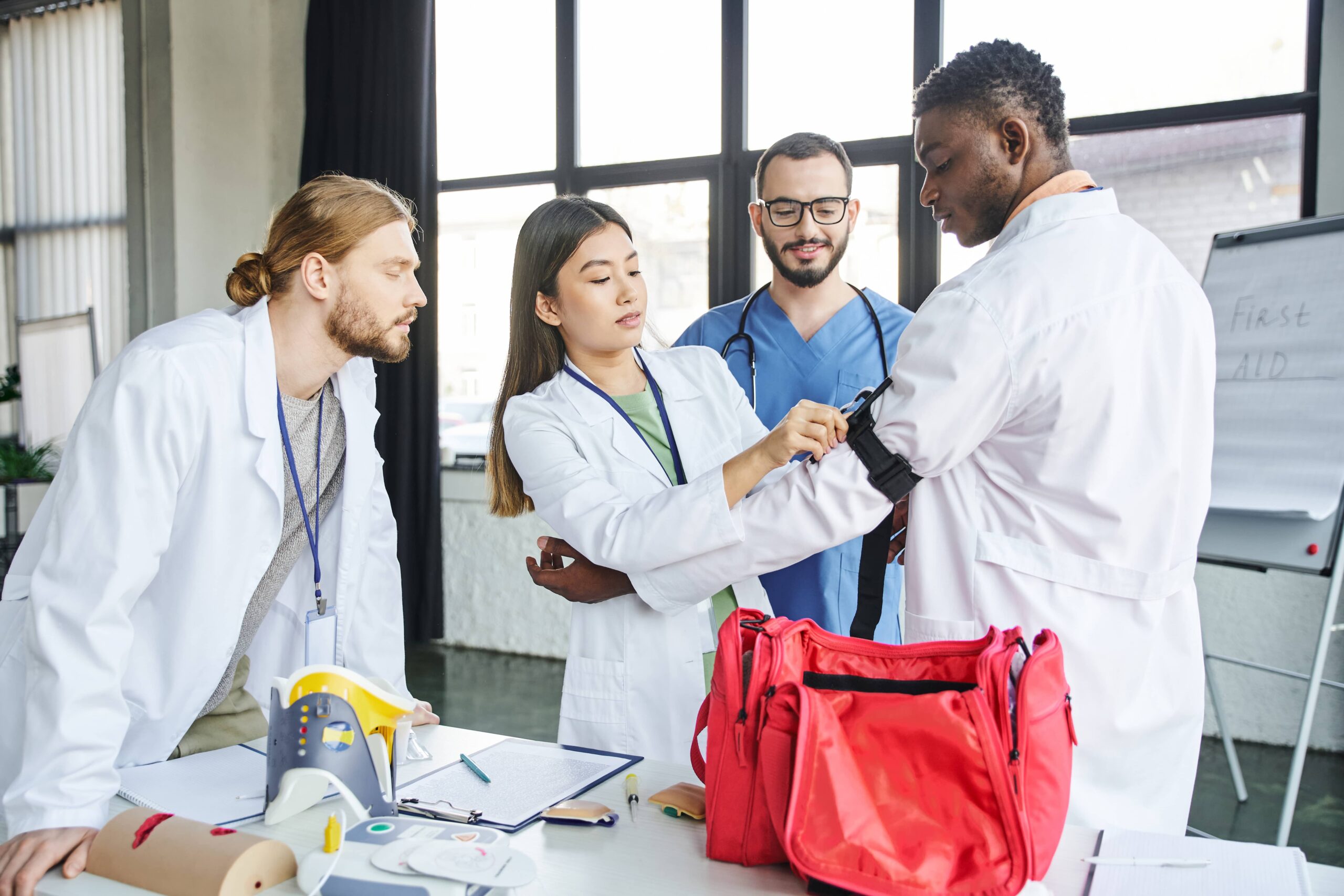 Medical professionals gathered around a table during a first aid training session, practicing the use of equipment and reviewing procedures with a colleague.