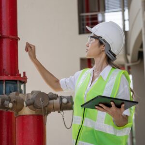 A fire safety professional in full PPE carries out a fire risk assessment, holding a clipboard in one hand, whilst looking at a large red pipe.