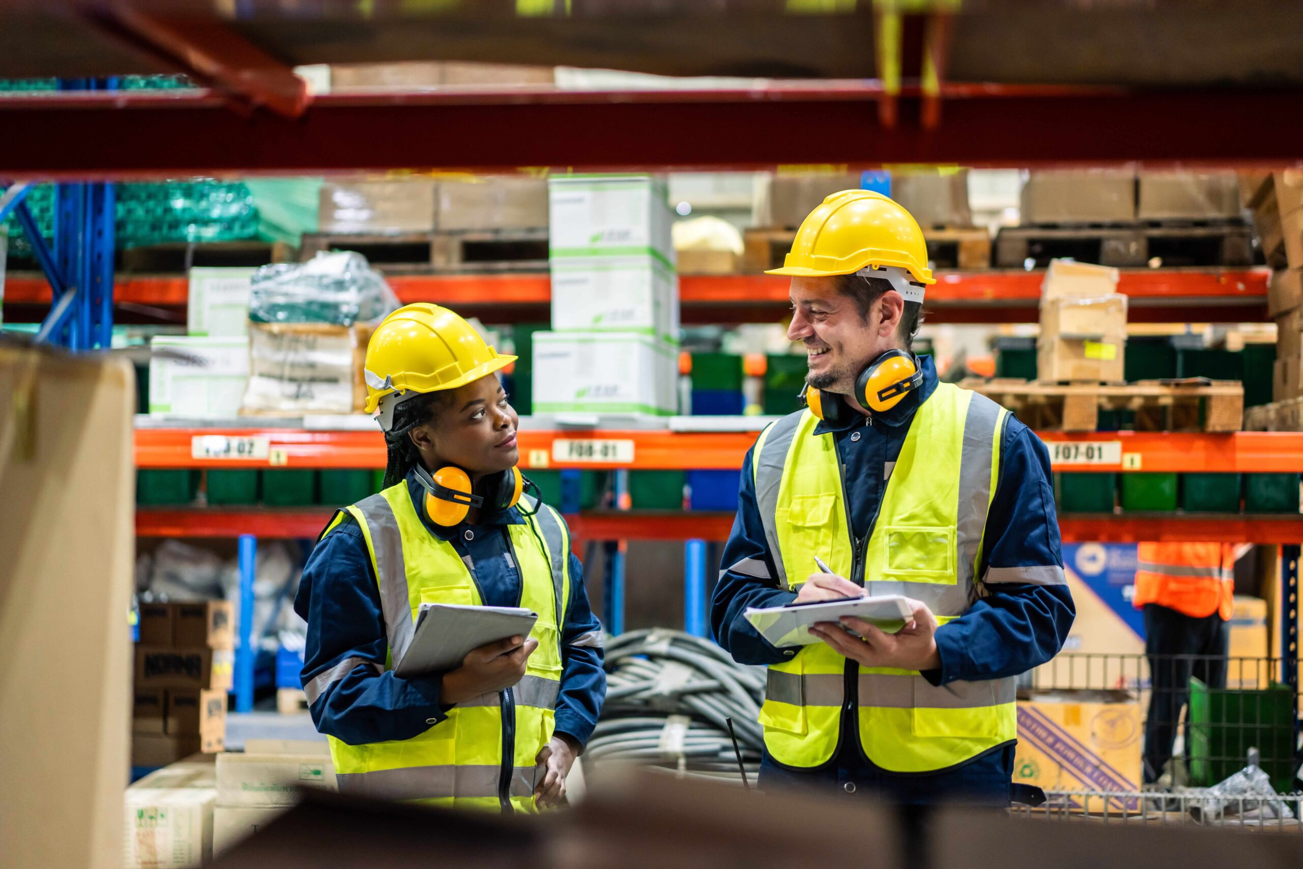 Two warehouse workers in high‑visibility PPE reviewing risk assessment notes between storage shelves.
