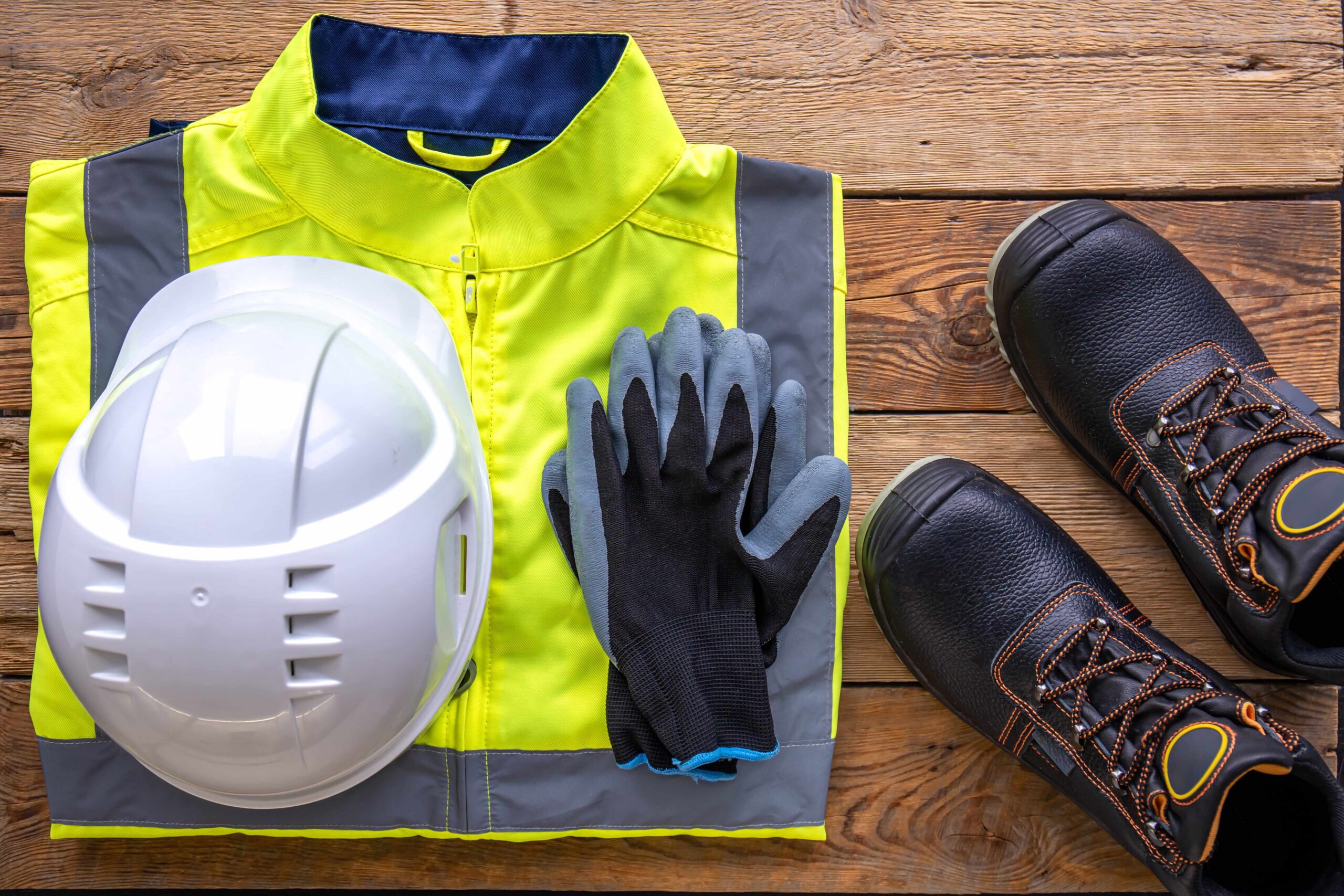 High‑visibility vest, safety gloves, hard hat and protective boots laid out on a wooden surface.