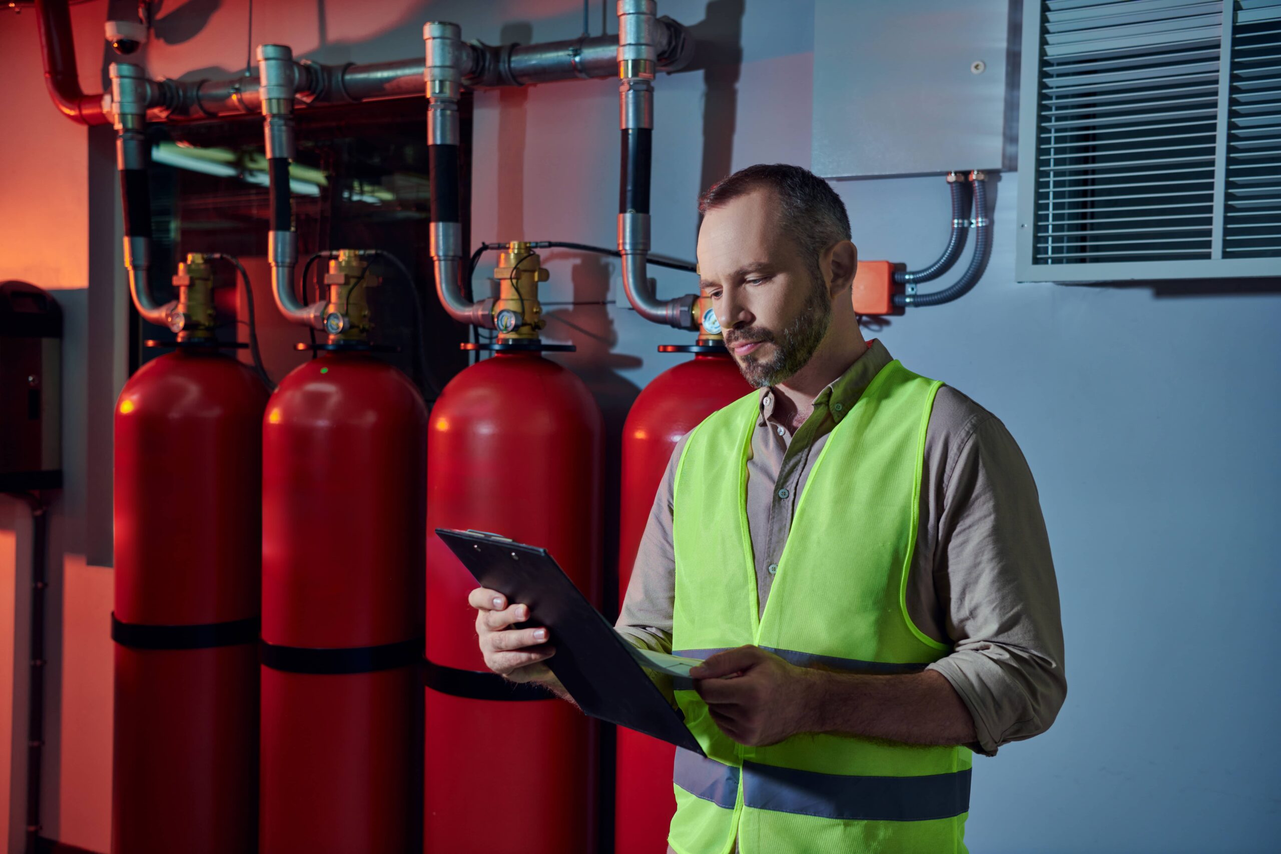 Worker wearing a high-visibility vest inspecting a row of red fire suppression cylinders and pipework while holding a clipboard in a mechanical plant room.