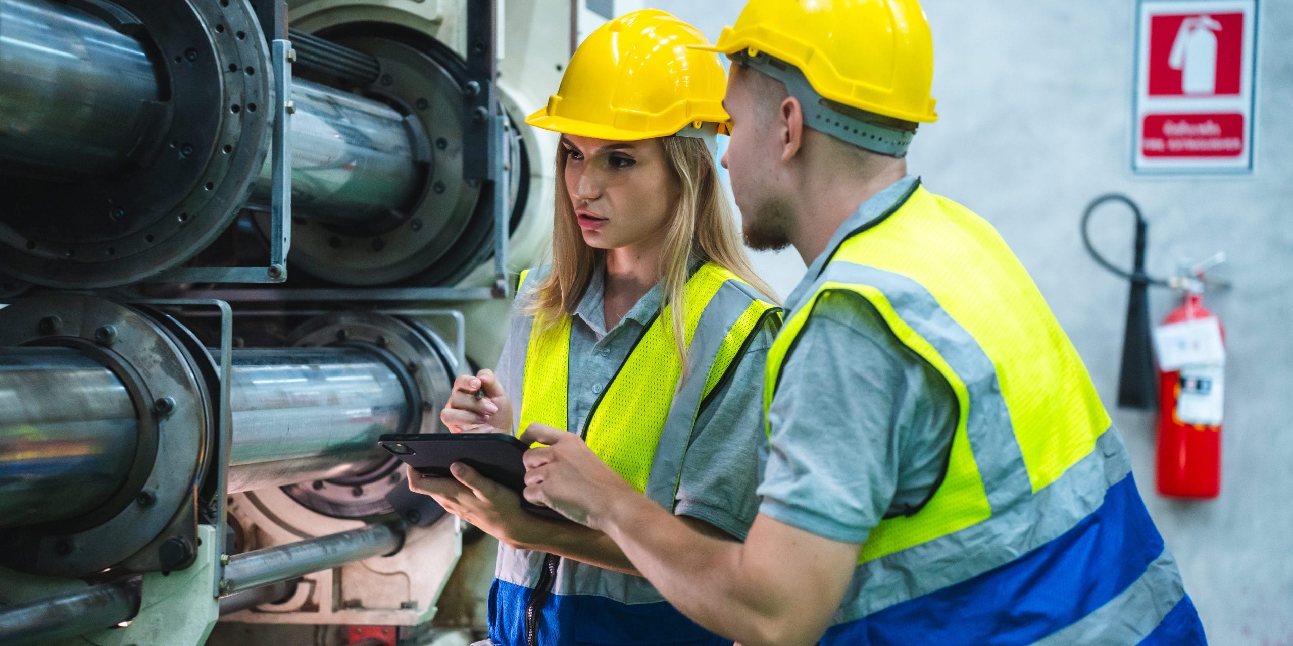 Workers in full PPE inspecting metal pipes in industrial setting